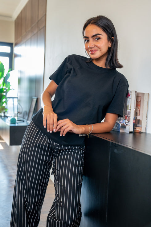 Women summer pajama set Black Tee + Black X White Stripes Pants